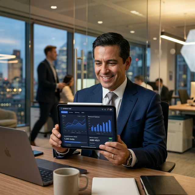 Empresario satisfecho revisando el dashboard del ERP Olorun en tablet